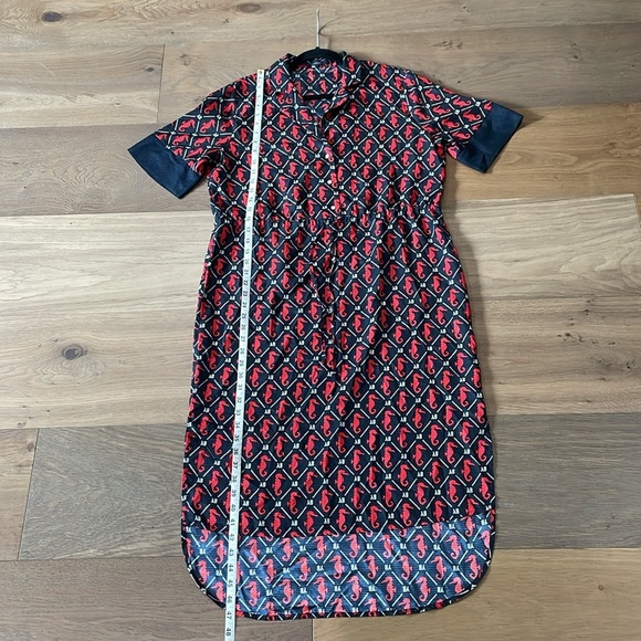 Scotch & Soda Midi Dress Short Sleeves Seahorses Navy Blue Red Waist Tie Size L - Picture 12 of 14